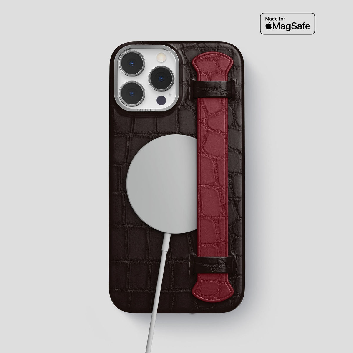 Dark-Brown-Burgundy iPhone 15 Pro Max Strap Case Alligator with Steel Metal -4 | Dark-Brown-Burgundy-Steel
