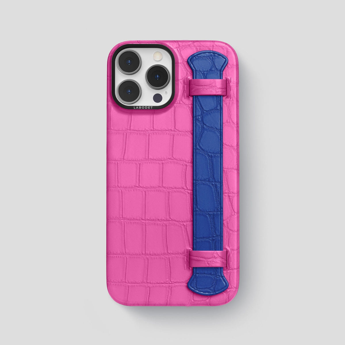 Fuchsia-Royal-Blue iPhone 15 Pro Max Strap Case Alligator with Black Metal -1 | Fuchsia-Royal-Blue-Black