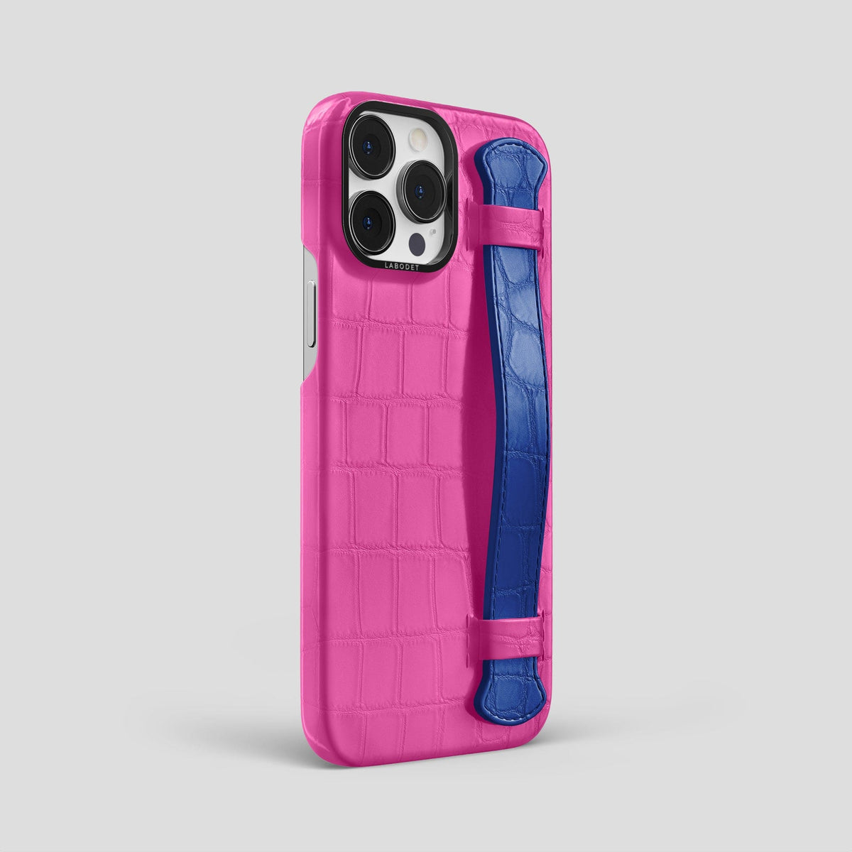 Fuchsia-Royal-Blue iPhone 15 Pro Max Strap Case Alligator with Black Metal -2 | Fuchsia-Royal-Blue-Black