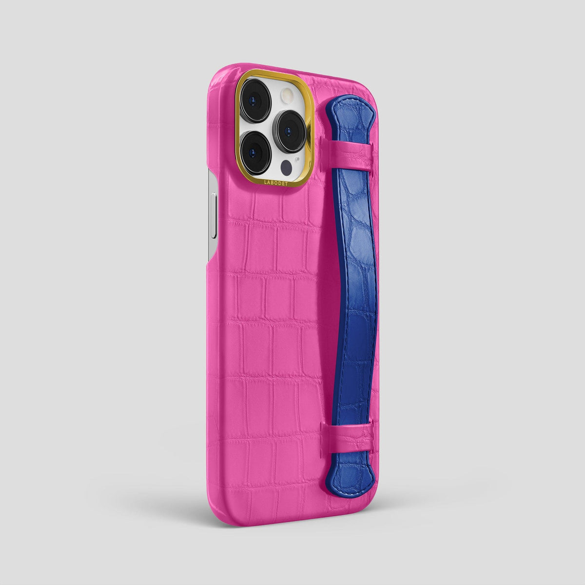 Fuchsia-Royal-Blue iPhone 15 Pro Max Strap Case Alligator with Gold Metal -2 | Fuchsia-Royal-Blue-Gold