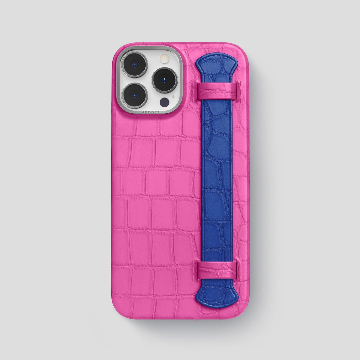 Fuchsia-Royal-Blue iPhone 15 Pro Max Strap Case Alligator with Steel Metal -1 | Fuchsia-Royal-Blue-Steel
