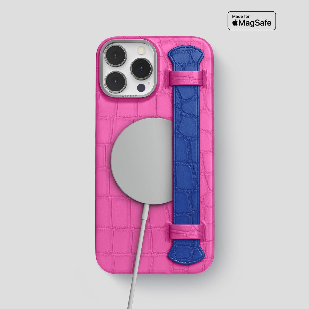 Fuchsia-Royal-Blue iPhone 15 Pro Max Strap Case Alligator with Steel Metal -4 | Fuchsia-Royal-Blue-Steel