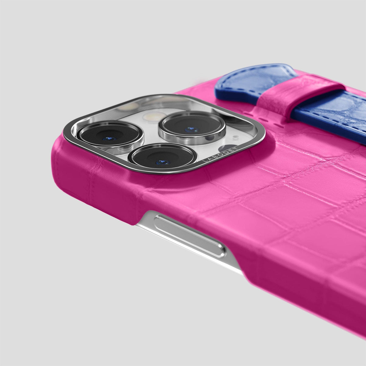 Fuchsia-Royal-Blue iPhone 15 Pro Max Strap Case Alligator with Steel Metal -5 | Fuchsia-Royal-Blue-Steel
