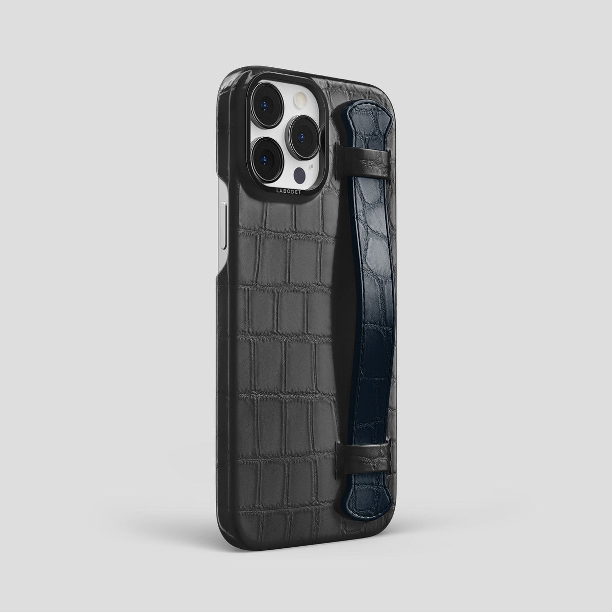 Grey-Navy-Blue iPhone 15 Pro Max Strap Case Alligator with Black Metal -2 | Grey-Navy-Blue-Black