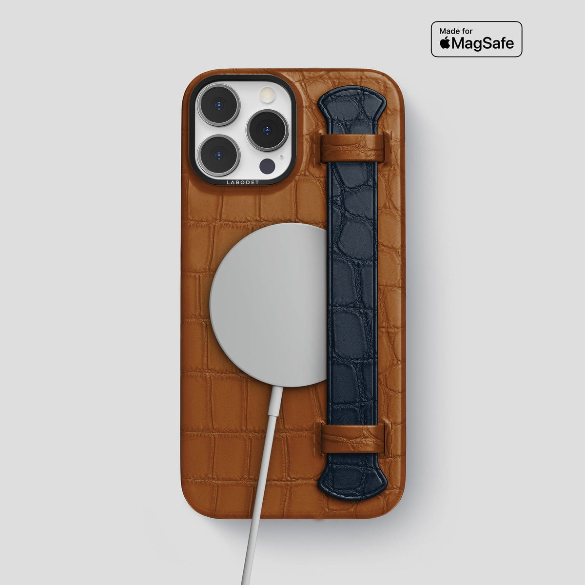 Honey-Navy-Blue iPhone 15 Pro Max Strap Case Alligator with Black Metal -4 | Honey-Navy-Blue-Black