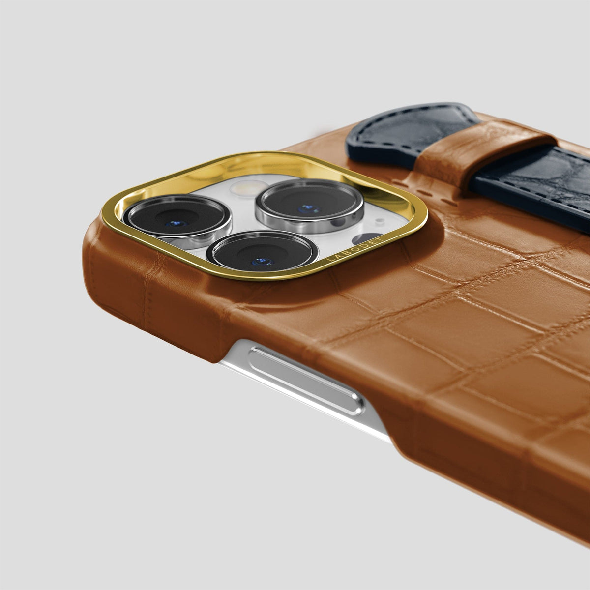Honey-Navy-Blue iPhone 15 Pro Max Strap Case Alligator with Gold Metal -5 | Honey-Navy-Blue-Gold