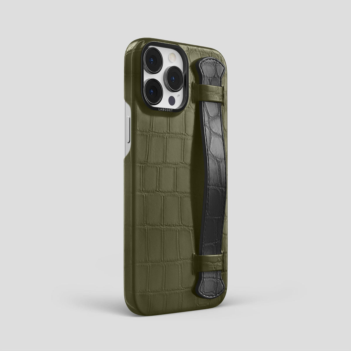 Kaki-Green-Grey iPhone 15 Pro Max Strap Case Alligator with Black Metal -2 | Kaki-Green-Grey-Black