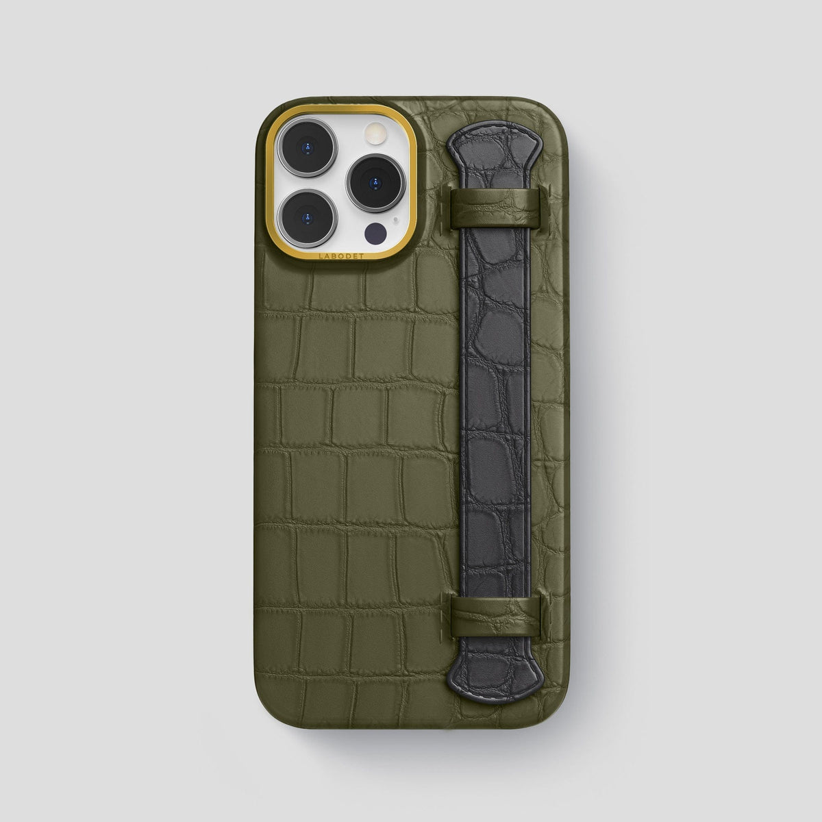 Kaki-Green-Grey iPhone 15 Pro Max Strap Case Alligator with Gold Metal -1 | Kaki-Green-Grey-Gold