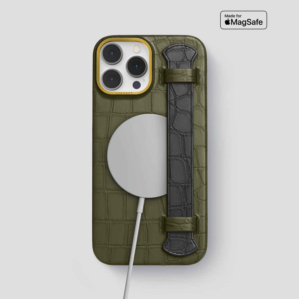 Kaki-Green-Grey iPhone 15 Pro Max Strap Case Alligator with Gold Metal -4 | Kaki-Green-Grey-Gold