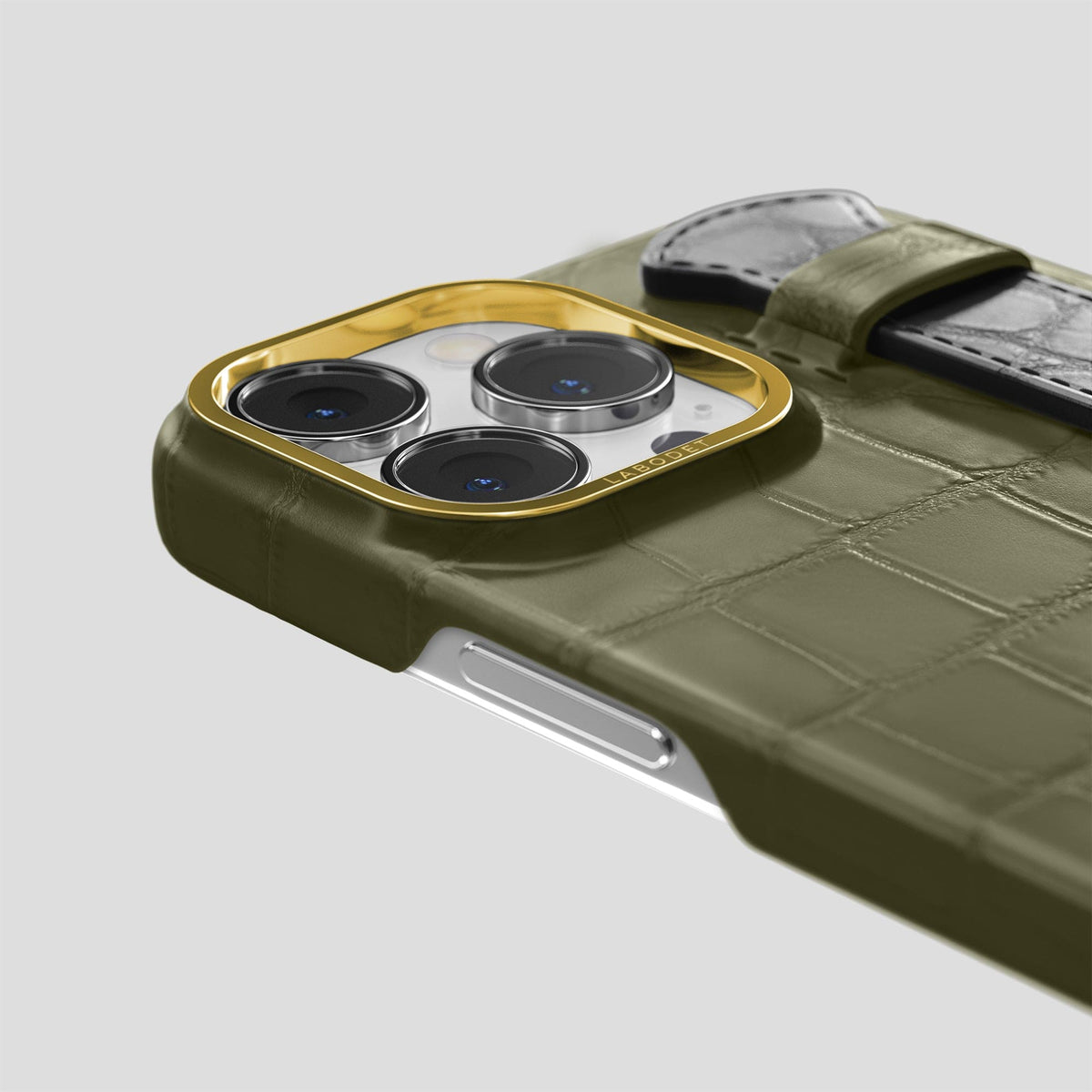Kaki-Green-Grey iPhone 15 Pro Max Strap Case Alligator with Gold Metal -5 | Kaki-Green-Grey-Gold