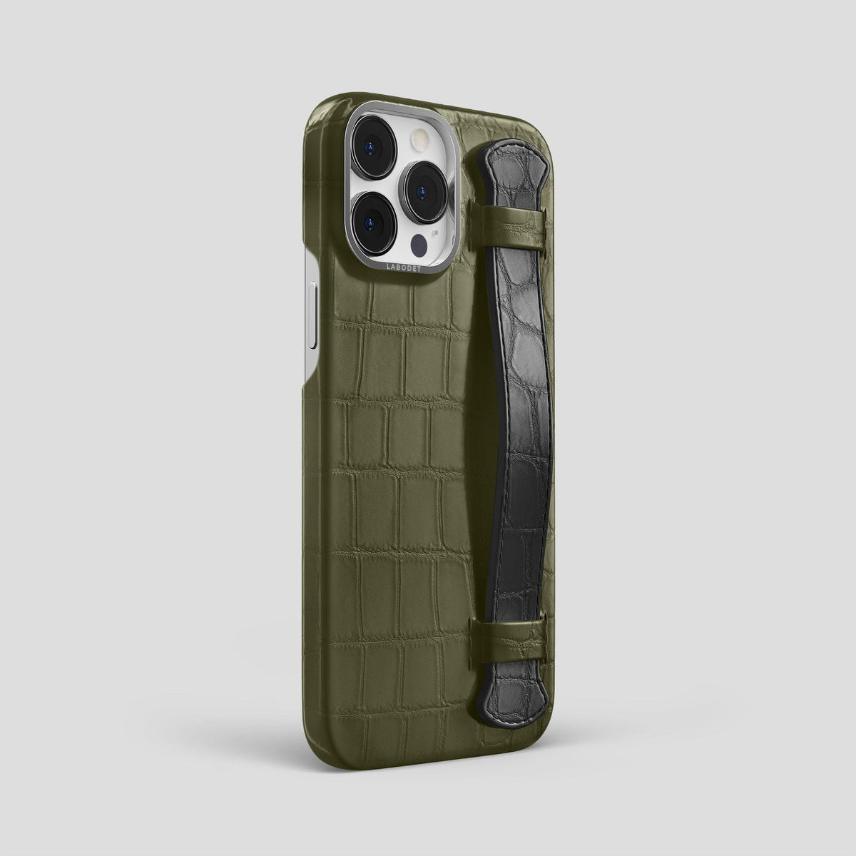 Kaki-Green-Grey iPhone 15 Pro Max Strap Case Alligator with Steel Metal -2 | Kaki-Green-Grey-Steel