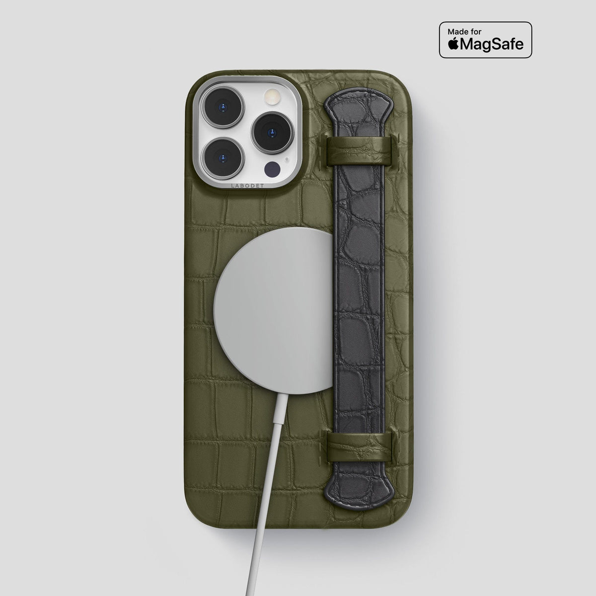 Kaki-Green-Grey iPhone 15 Pro Max Strap Case Alligator with Steel Metal -4 | Kaki-Green-Grey-Steel