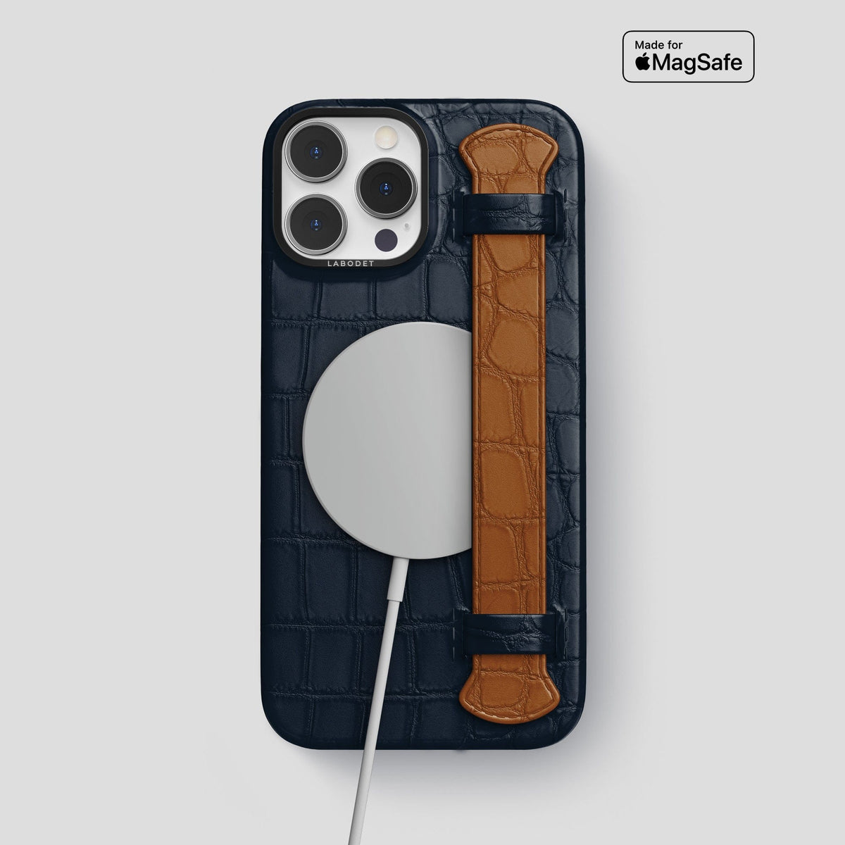 Navy-Blue-Honey iPhone 15 Pro Max Strap Case Alligator with Black Metal -4 | Navy-Blue-Honey-Black