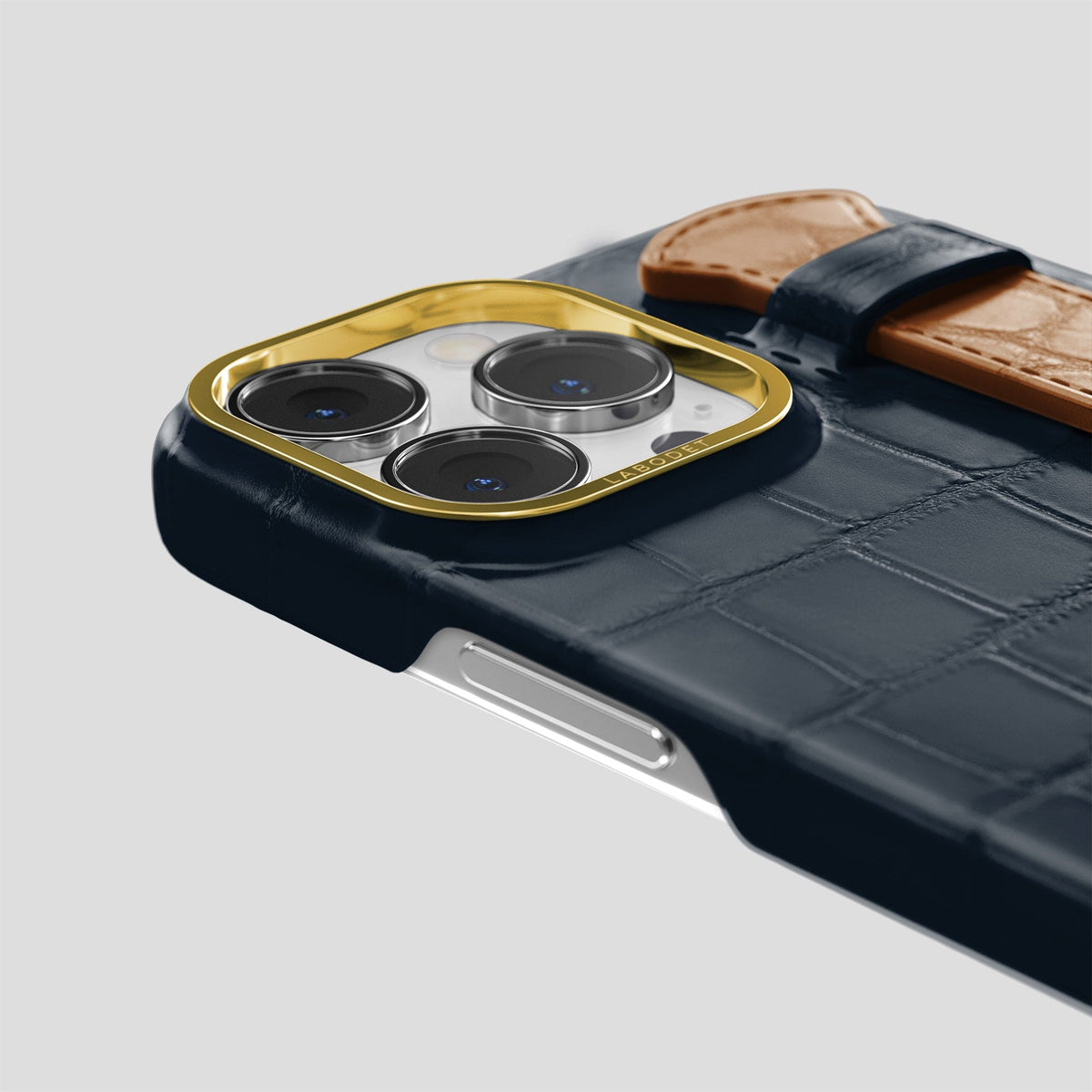 Navy-Blue-Honey iPhone 15 Pro Max Strap Case Alligator with Gold Metal -5 | Navy-Blue-Honey-Gold