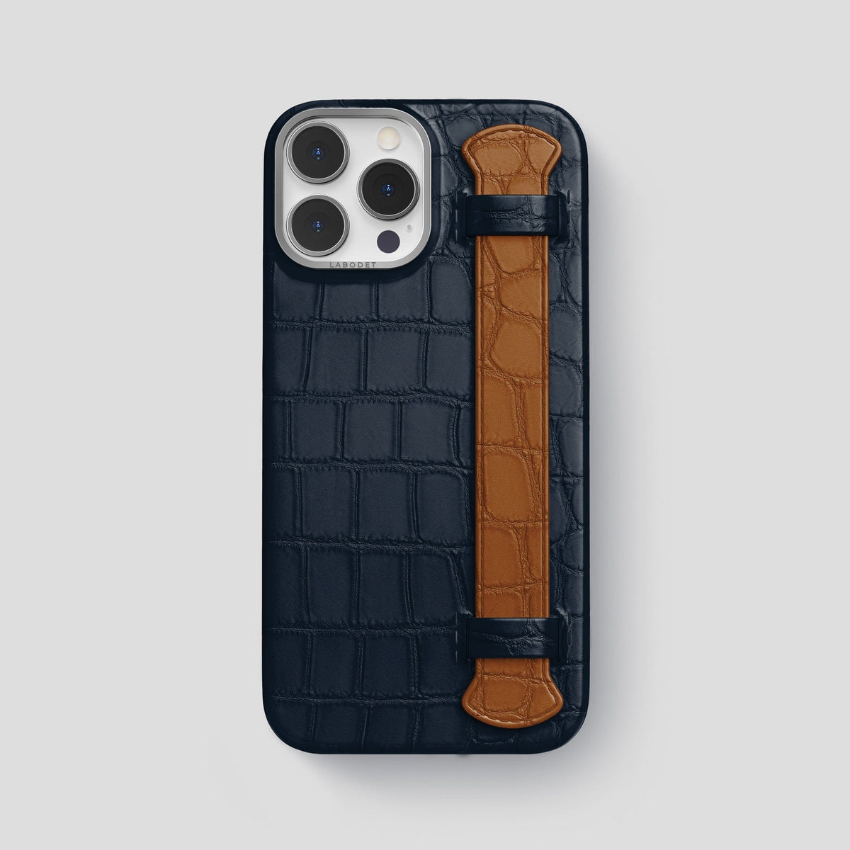 Navy-Blue-Honey iPhone 15 Pro Max Strap Case Alligator with Steel Metal -1 | Navy-Blue-Honey-Steel