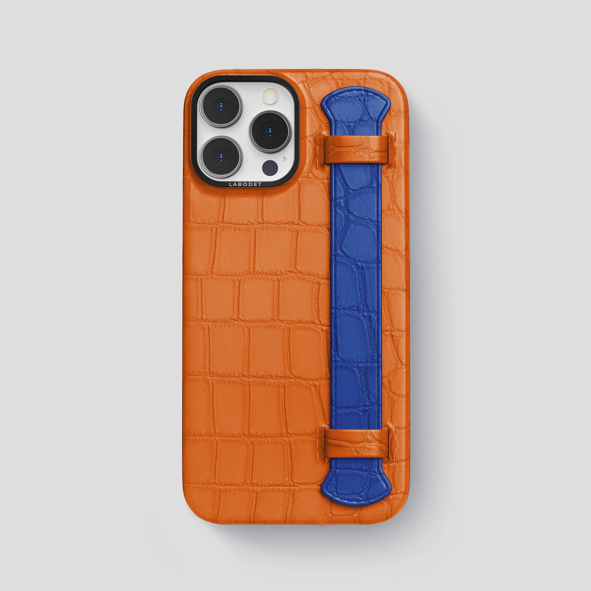 Orange-Royal-Blue iPhone 15 Pro Max Strap Case Alligator with Black Metal -1 | Orange-Royal-Blue-Black