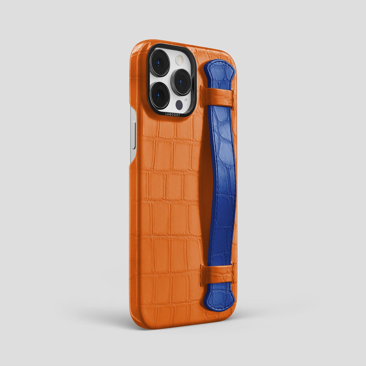 Orange-Royal-Blue iPhone 15 Pro Max Strap Case Alligator with Black Metal -2 | Orange-Royal-Blue-Black