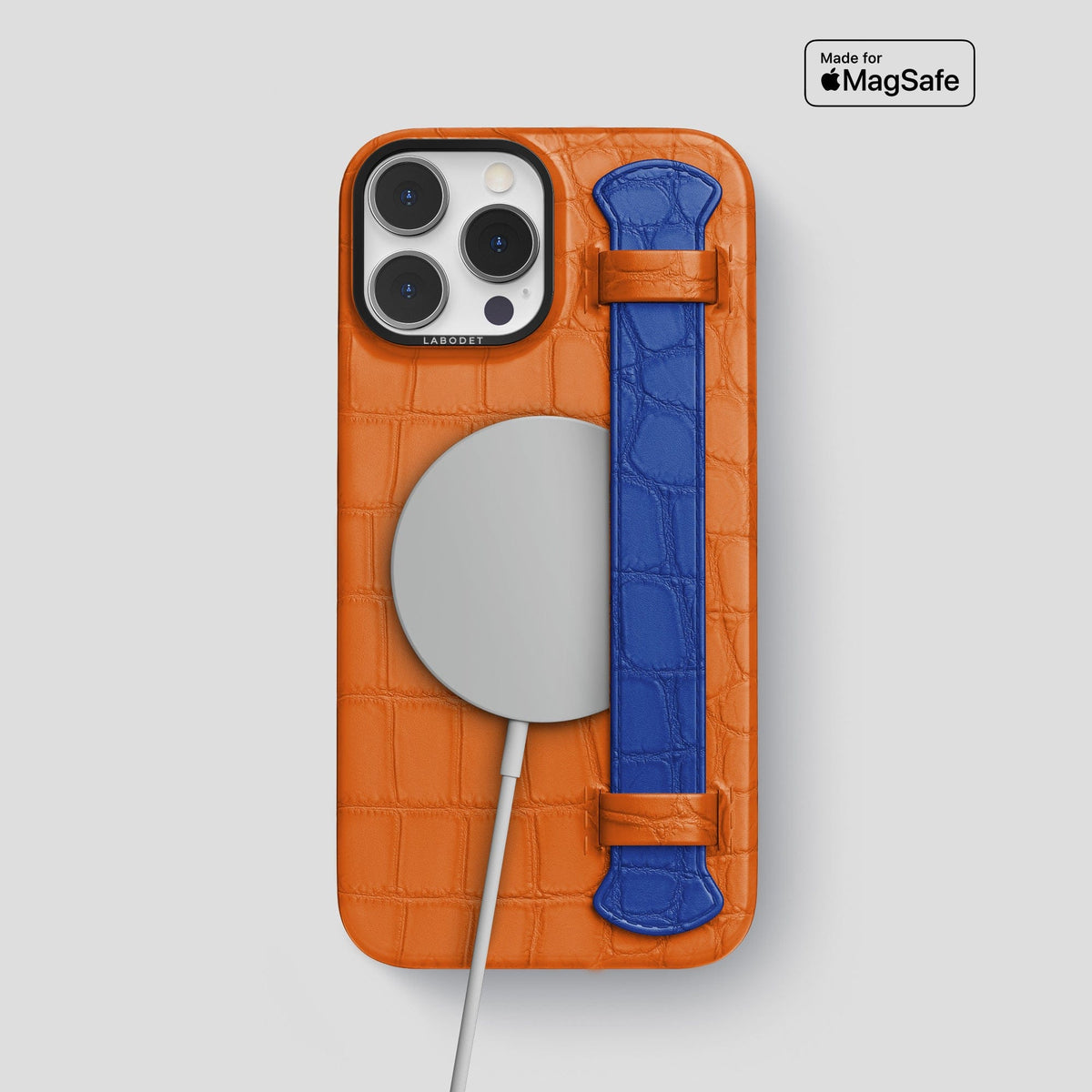 Orange-Royal-Blue iPhone 15 Pro Max Strap Case Alligator with Black Metal -4 | Orange-Royal-Blue-Black