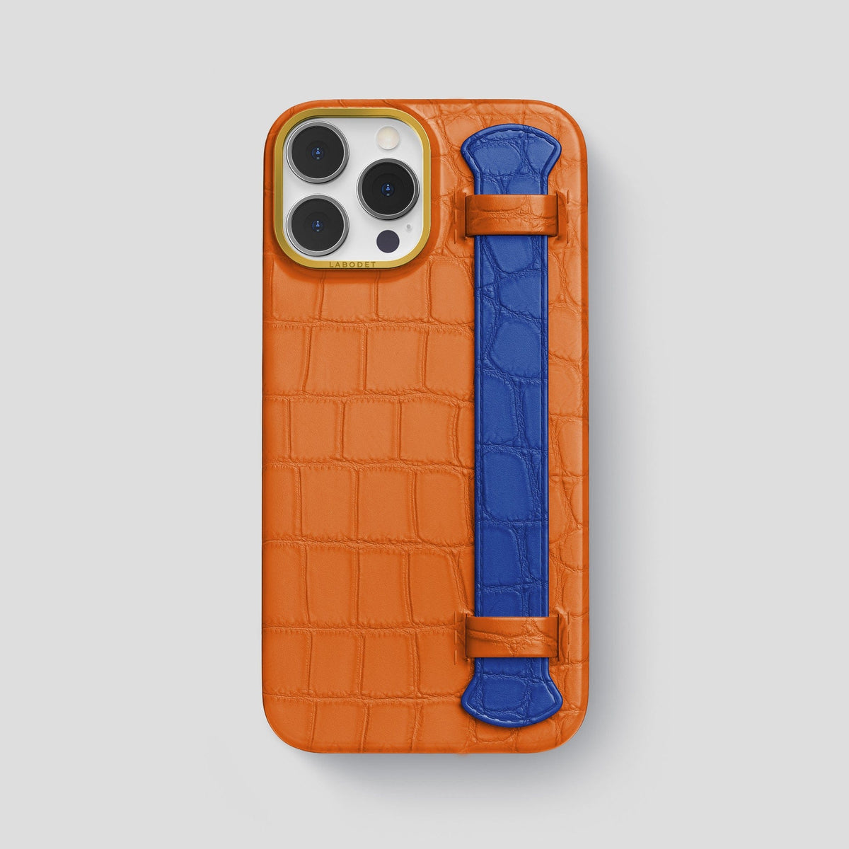 Orange-Royal-Blue iPhone 15 Pro Max Strap Case Alligator with Gold Metal -1 | Orange-Royal-Blue-Gold