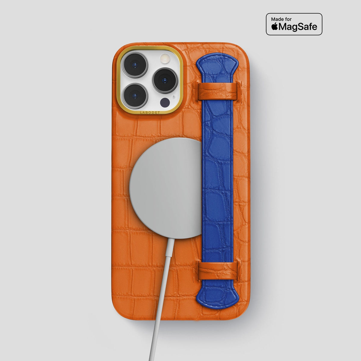 Orange-Royal-Blue iPhone 15 Pro Max Strap Case Alligator with Gold Metal -4 | Orange-Royal-Blue-Gold