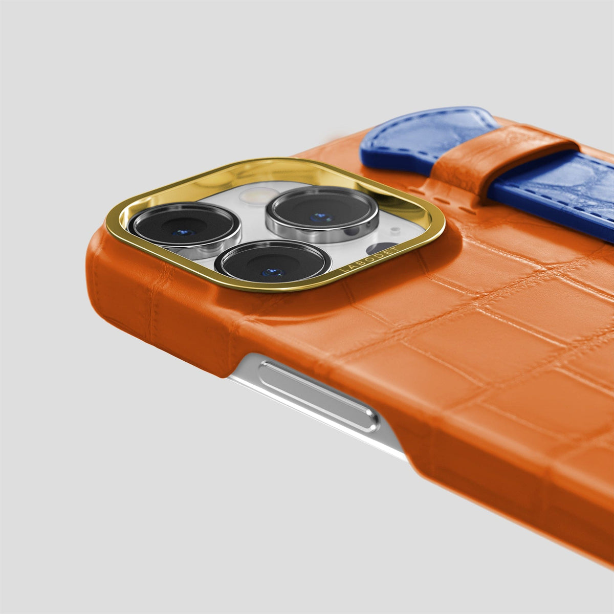 Orange-Royal-Blue iPhone 15 Pro Max Strap Case Alligator with Gold Metal -5 | Orange-Royal-Blue-Gold