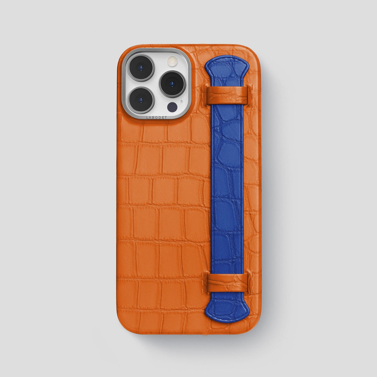 Orange-Royal-Blue iPhone 15 Pro Max Strap Case Alligator with Steel Metal -1 | Orange-Royal-Blue-Steel