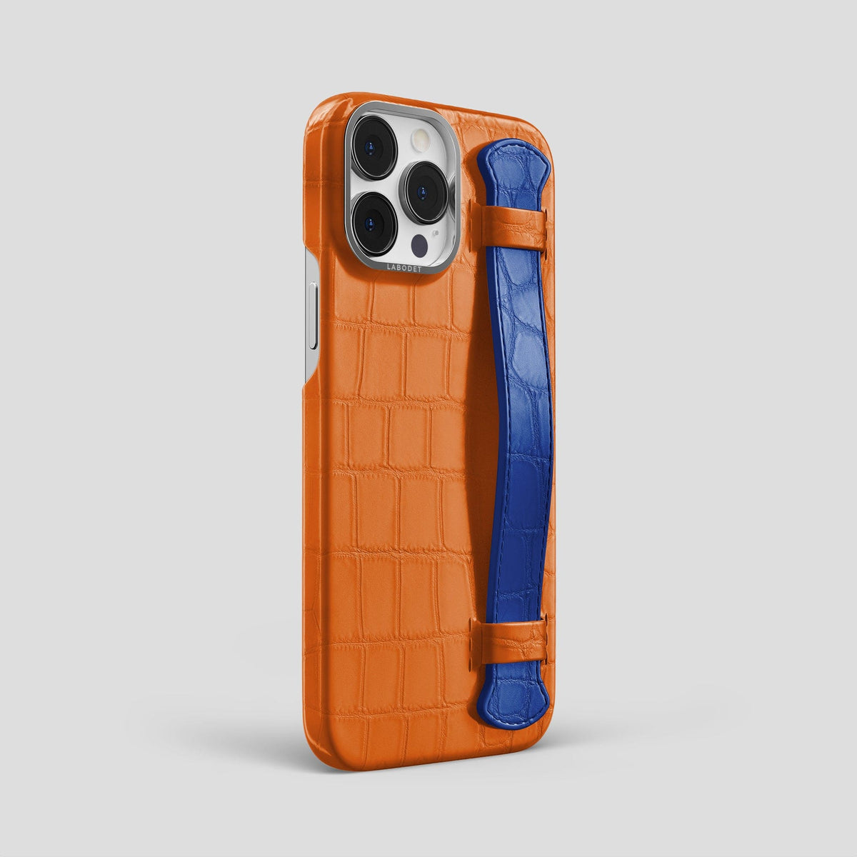 Orange-Royal-Blue iPhone 15 Pro Max Strap Case Alligator with Steel Metal -2 | Orange-Royal-Blue-Steel