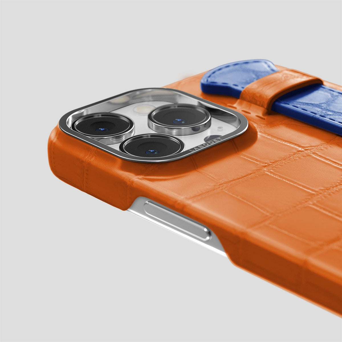 Orange-Royal-Blue iPhone 15 Pro Max Strap Case Alligator with Steel Metal -5 | Orange-Royal-Blue-Steel