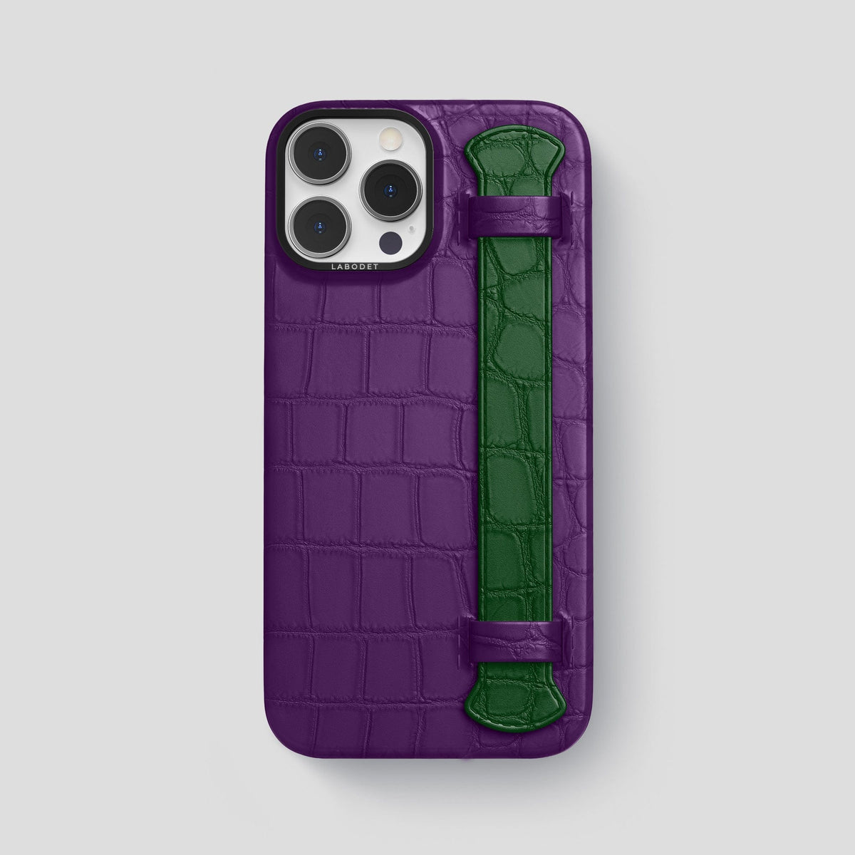 Purple-Forest-Green iPhone 15 Pro Max Strap Case Alligator with Black Metal -1 | Purple-Forest-Green-Black