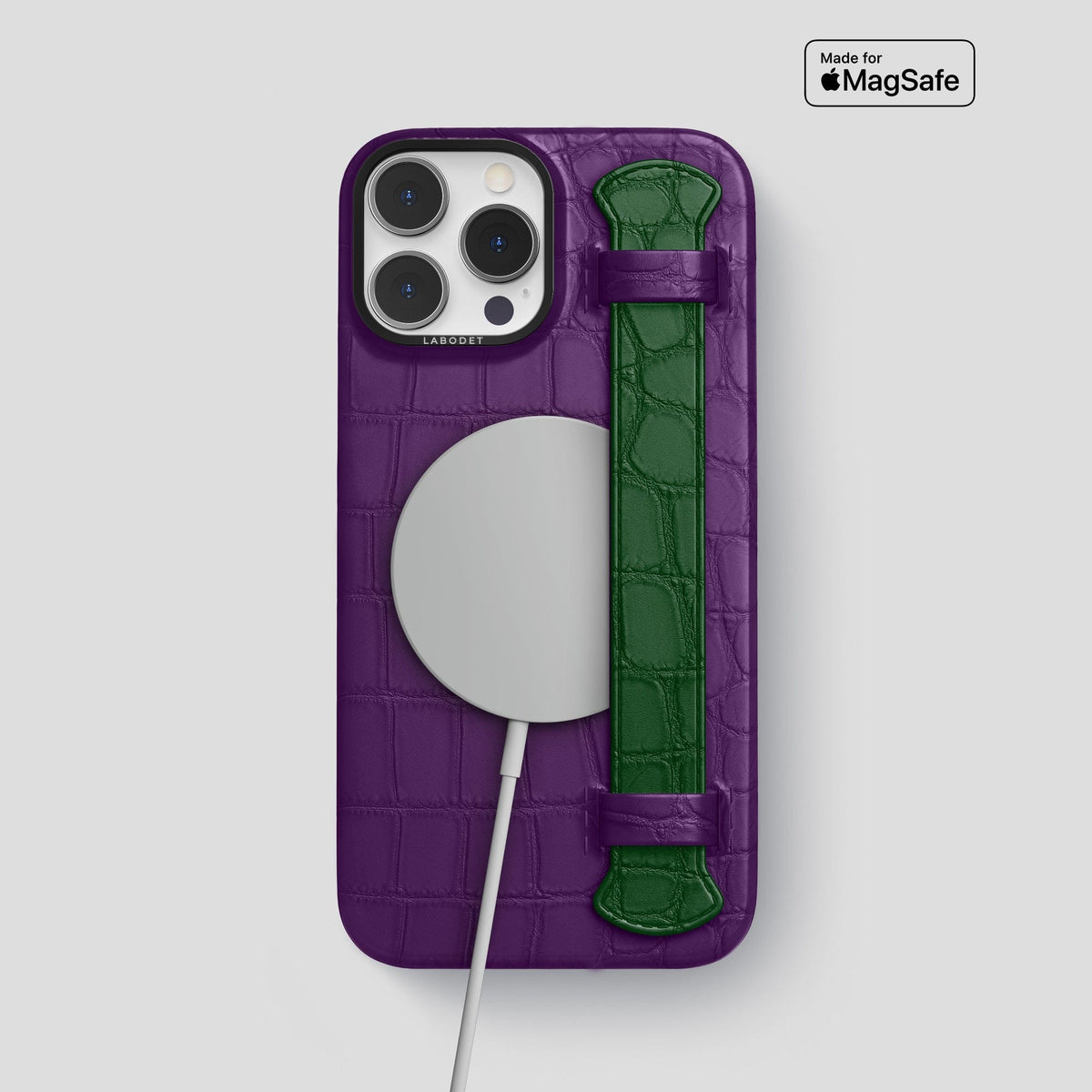Purple-Forest-Green iPhone 15 Pro Max Strap Case Alligator with Black Metal -4 | Purple-Forest-Green-Black