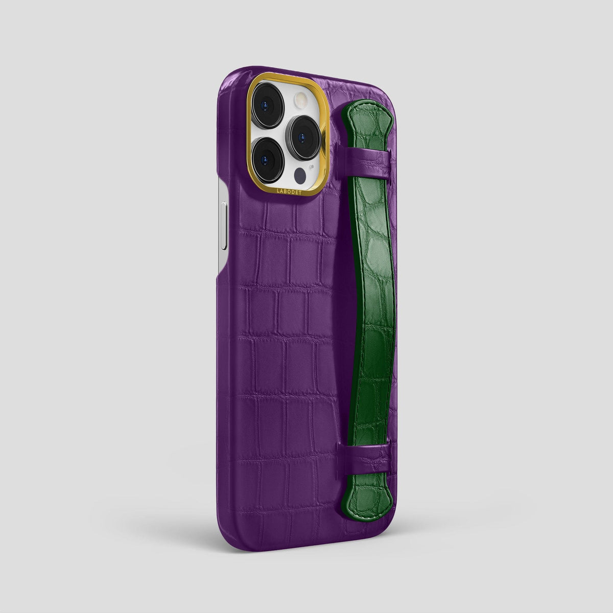 Purple-Forest-Green iPhone 15 Pro Max Strap Case Alligator with Gold Metal -2 | Purple-Forest-Green-Gold