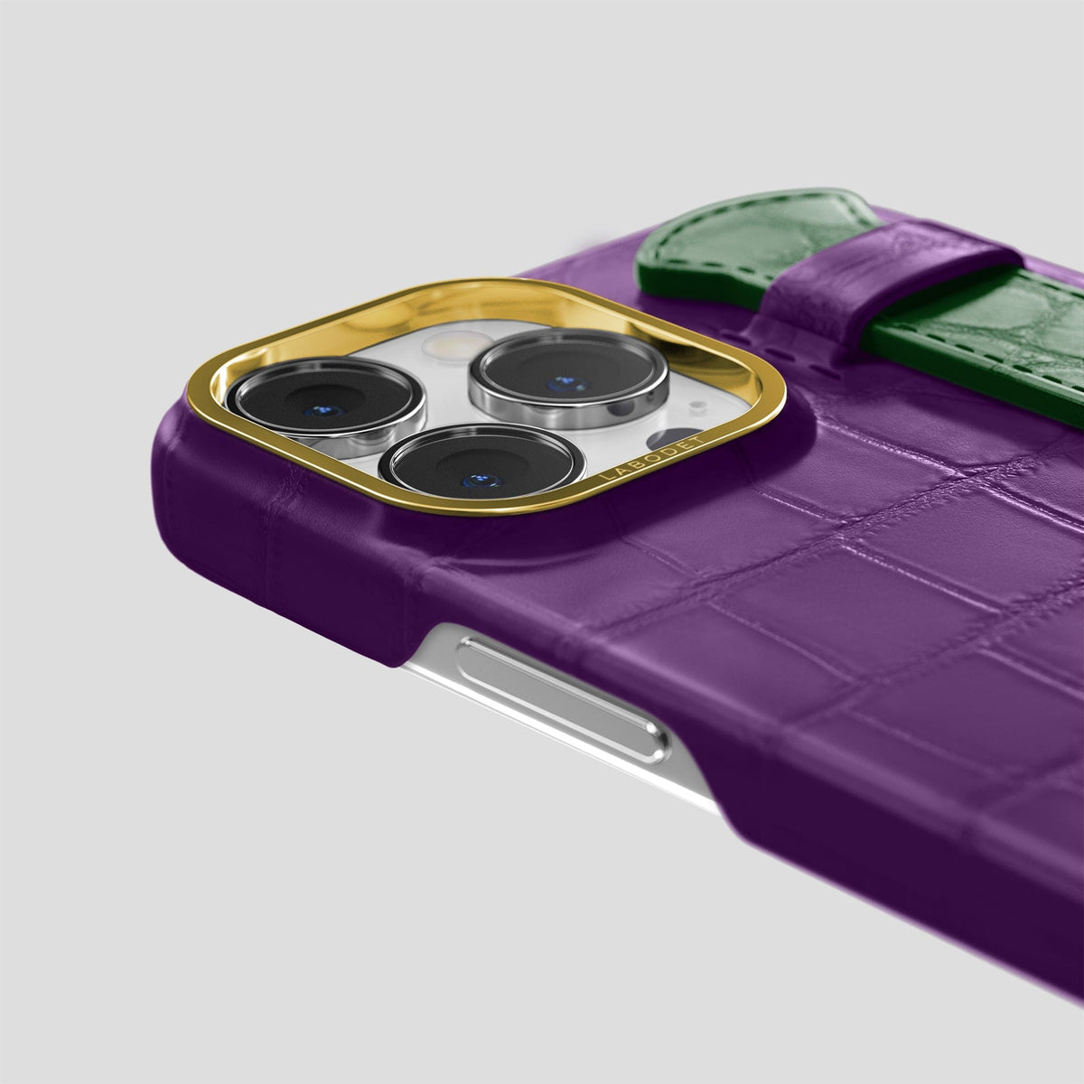 Purple-Forest-Green iPhone 15 Pro Max Strap Case Alligator with Gold Metal -5 | Purple-Forest-Green-Gold