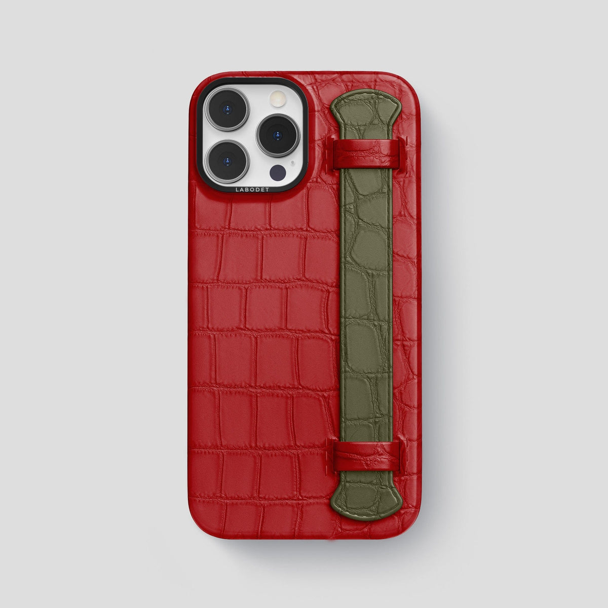 Red-Kaki-Green iPhone 15 Pro Max Strap Case Alligator with Black Metal -1 | Red-Kaki-Green-Black