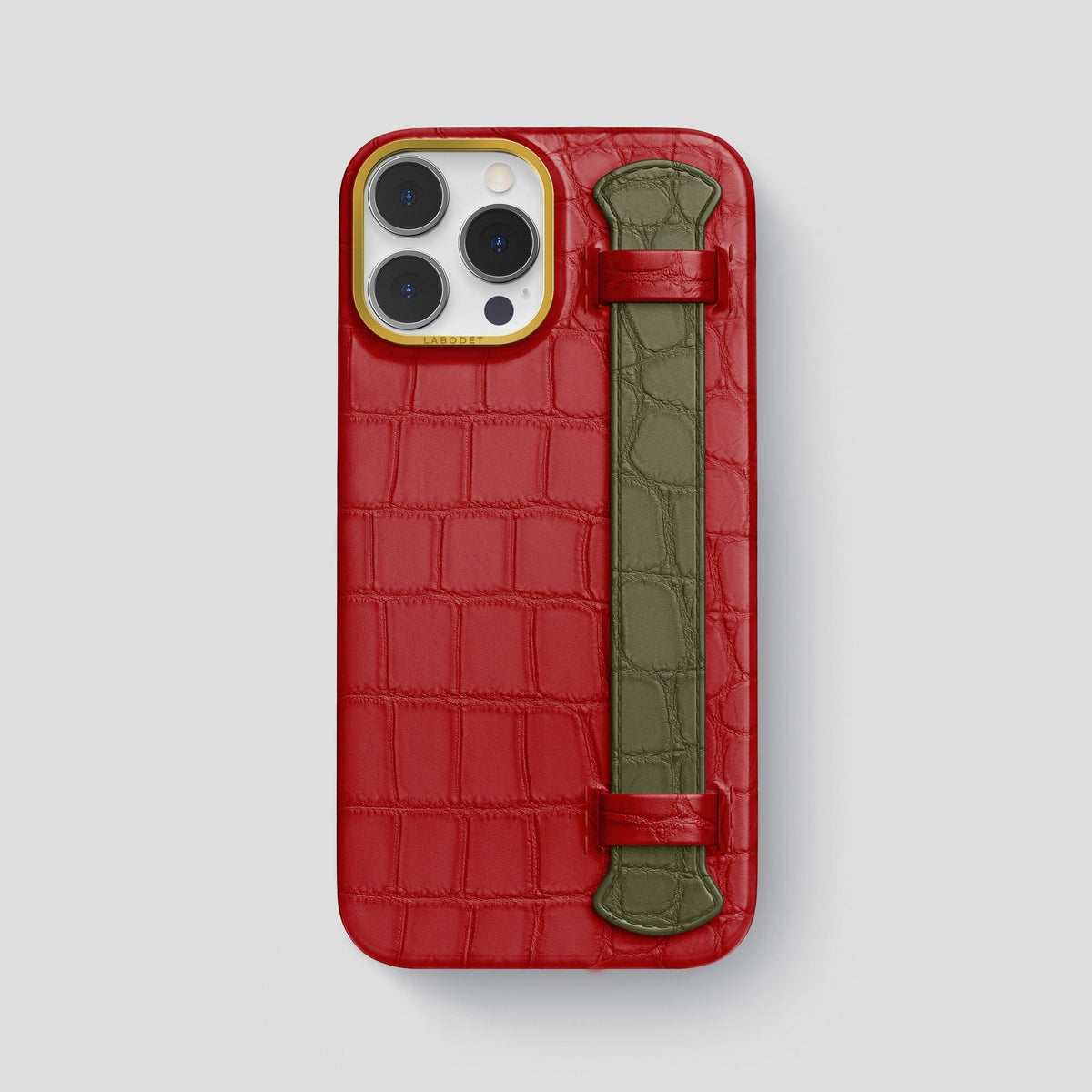 Red-Kaki-Green iPhone 15 Pro Max Strap Case Alligator with Gold Metal -1 | Red-Kaki-Green-Gold