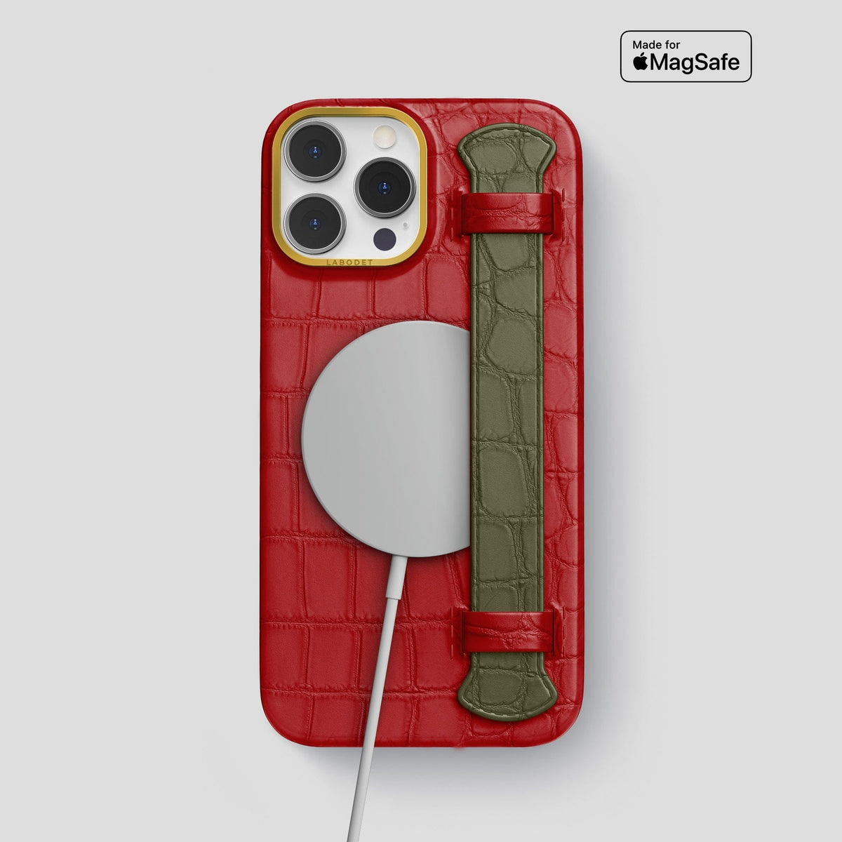 Red-Kaki-Green iPhone 15 Pro Max Strap Case Alligator with Gold Metal -4 | Red-Kaki-Green-Gold