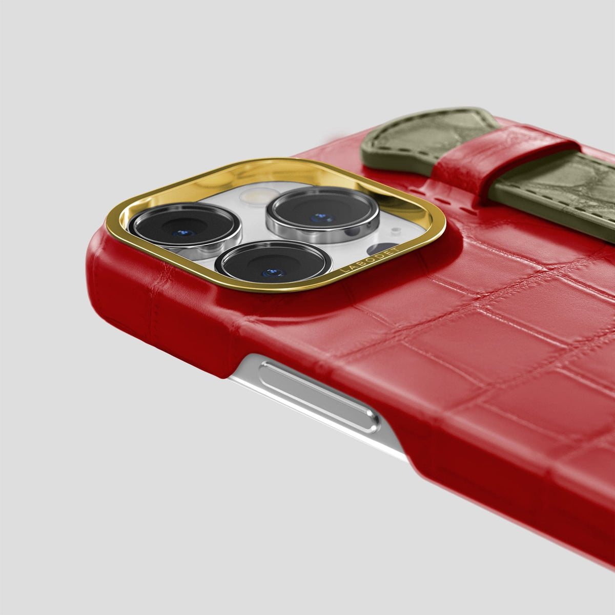 Red-Kaki-Green iPhone 15 Pro Max Strap Case Alligator with Gold Metal -5 | Red-Kaki-Green-Gold