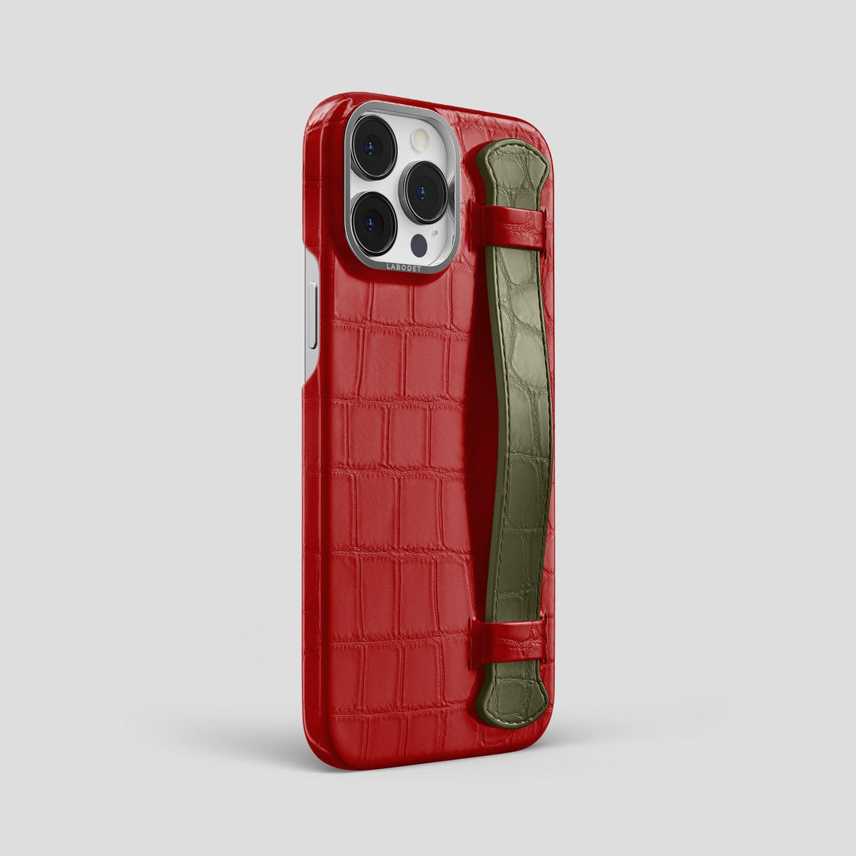 Red-Kaki-Green iPhone 15 Pro Max Strap Case Alligator with Steel Metal -2 | Red-Kaki-Green-Steel