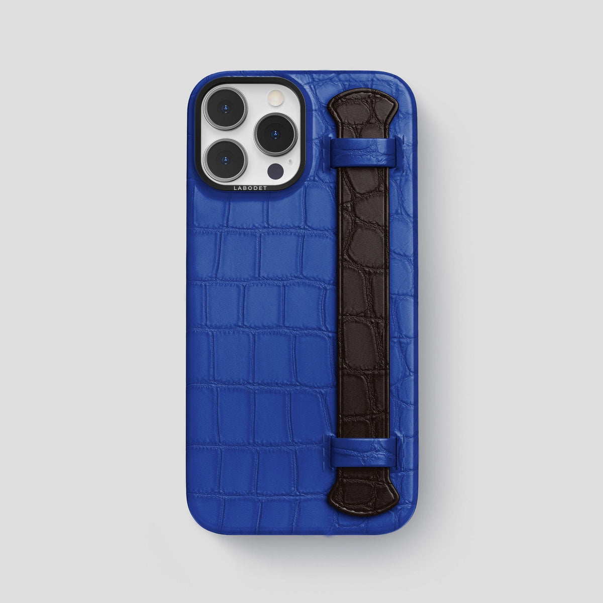 Royal-Blue-Dark-Brown iPhone 15 Pro Max Strap Case Alligator with Black Metal -1 | Royal-Blue-Dark-Brown-Black