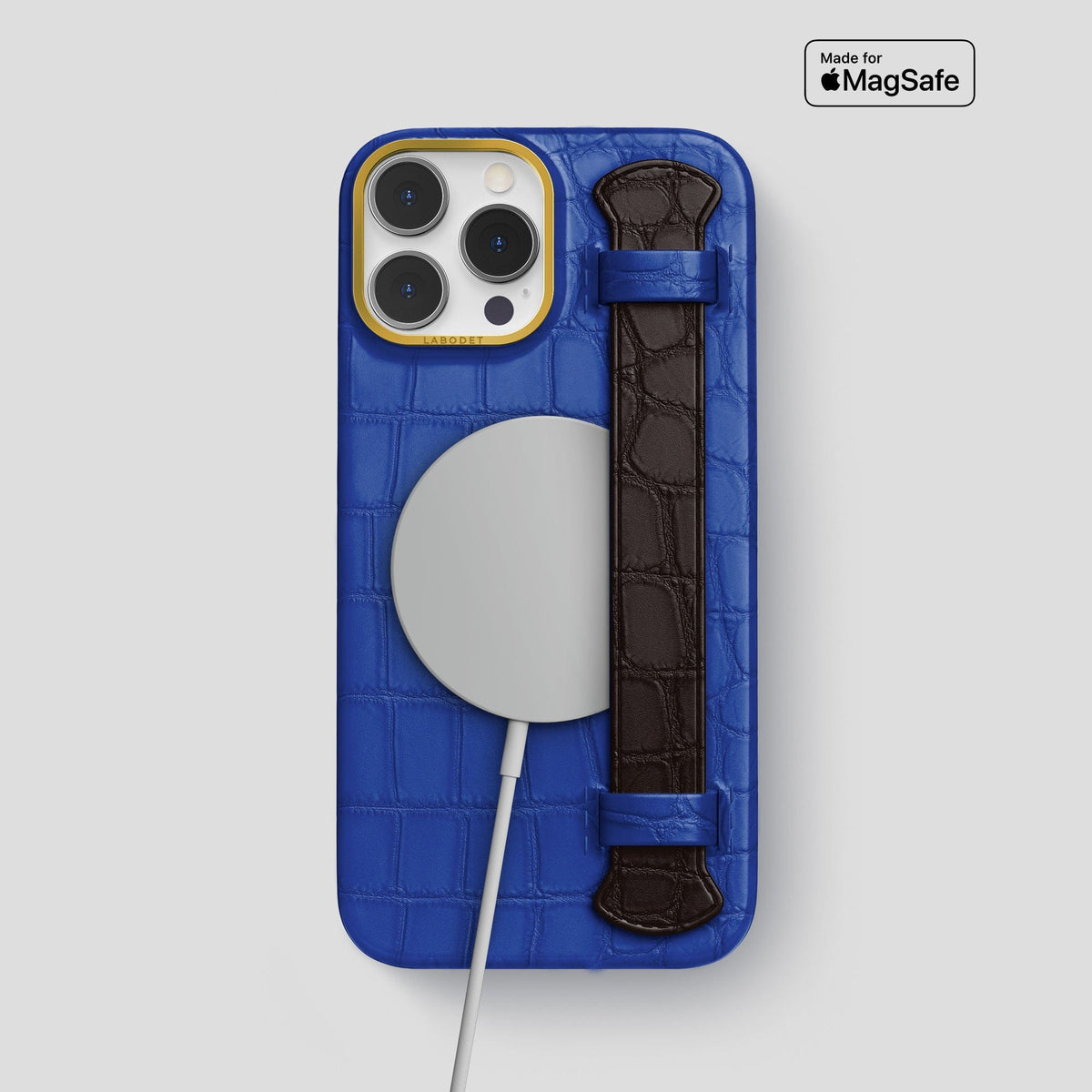 Royal-Blue-Dark-Brown iPhone 15 Pro Max Strap Case Alligator with Gold Metal -4 | Royal-Blue-Dark-Brown-Gold