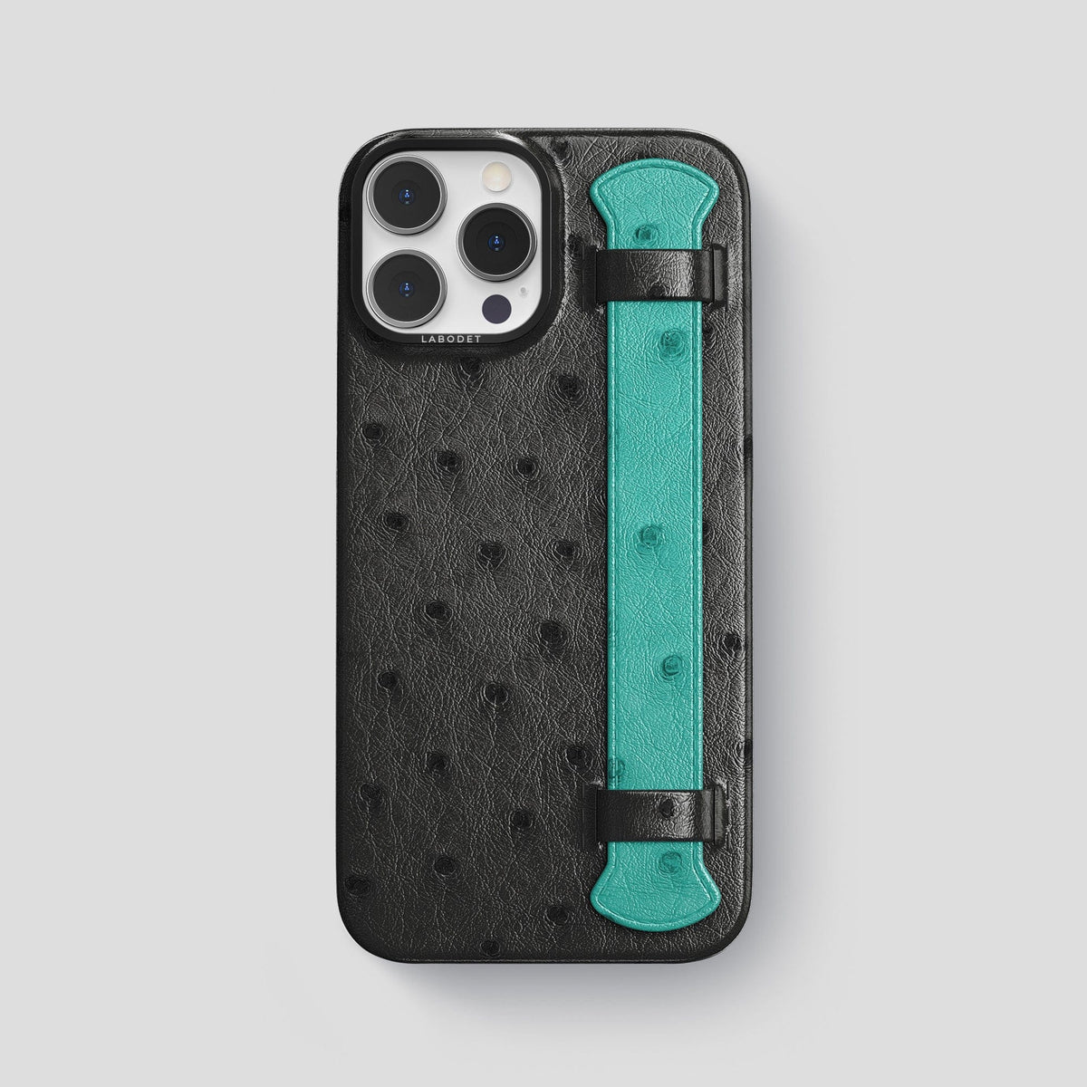Black-Turquoise iPhone 15 Pro Max Handle Case Colore Ostrich with Black Metal -1 | Black-Turquoise-Black