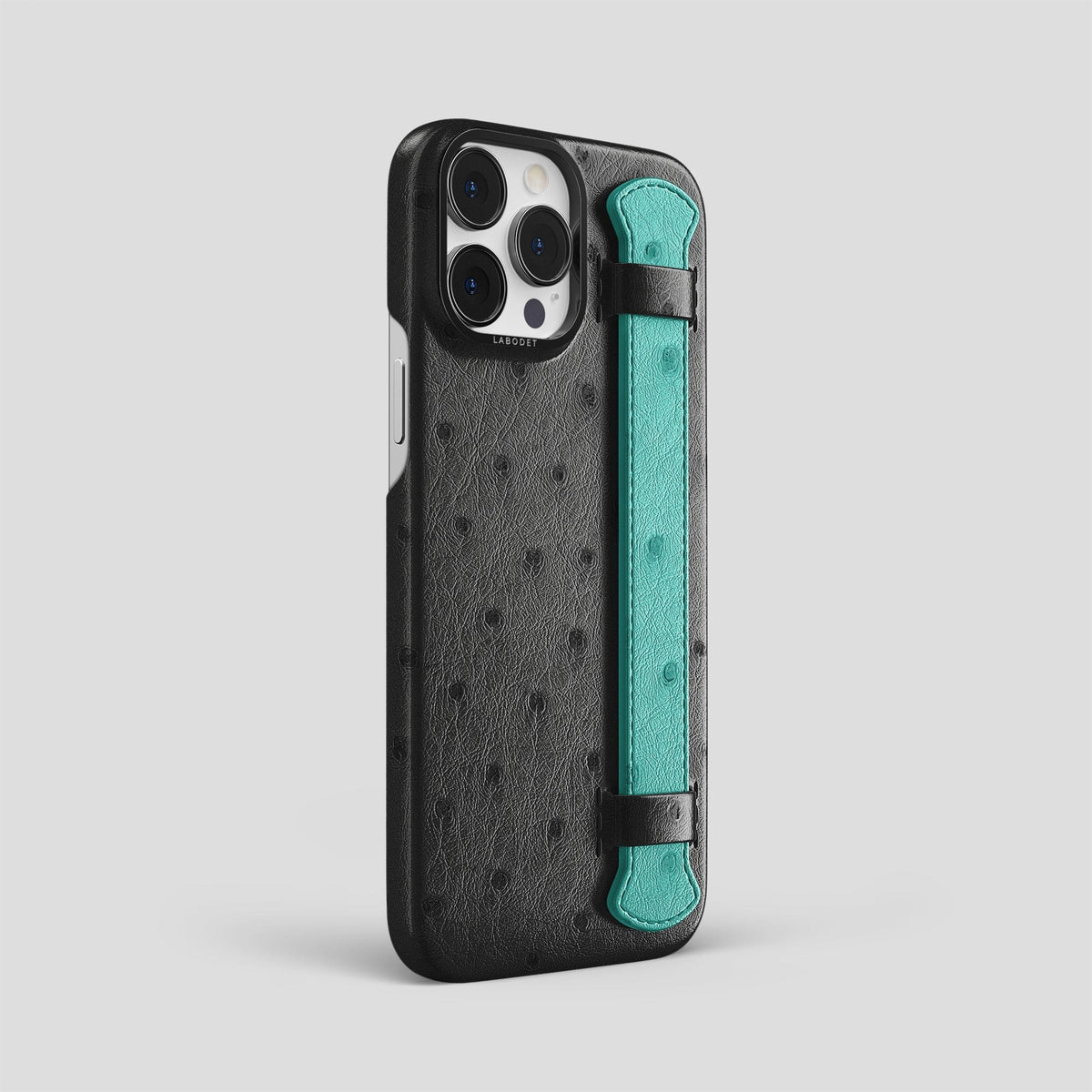 Black-Turquoise iPhone 14 Pro Max Handle Case Colore Ostrich with Black Metal -2 | Black-Turquoise-Black