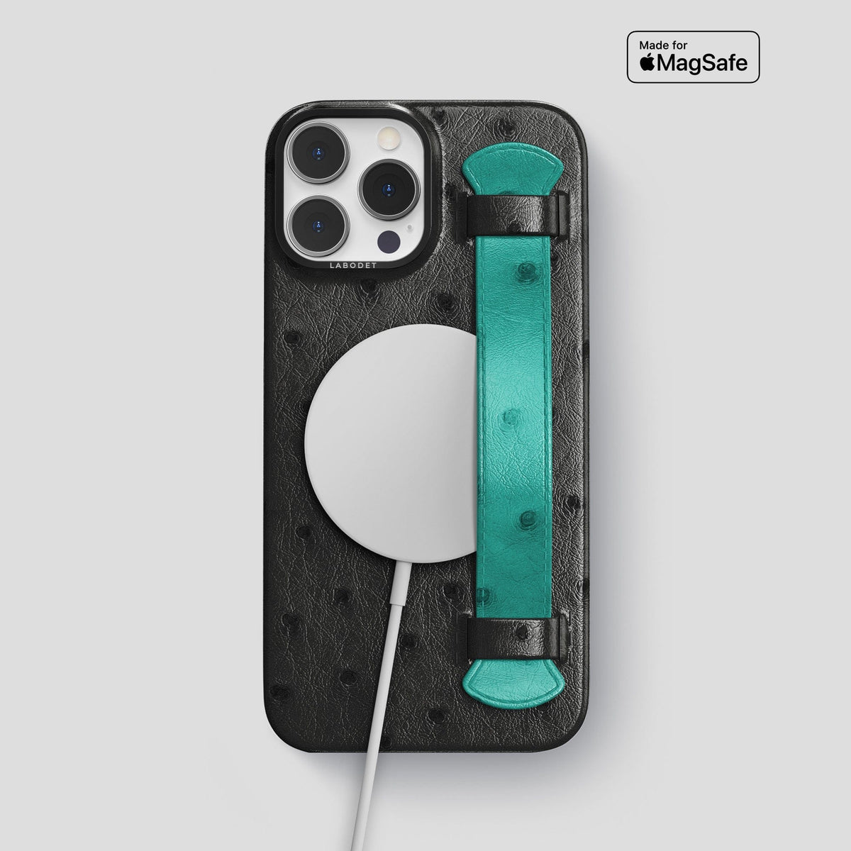 Black-Turquoise iPhone 14 Pro Max Handle Case Colore Ostrich with Black Metal -3 | Black-Turquoise-Black
