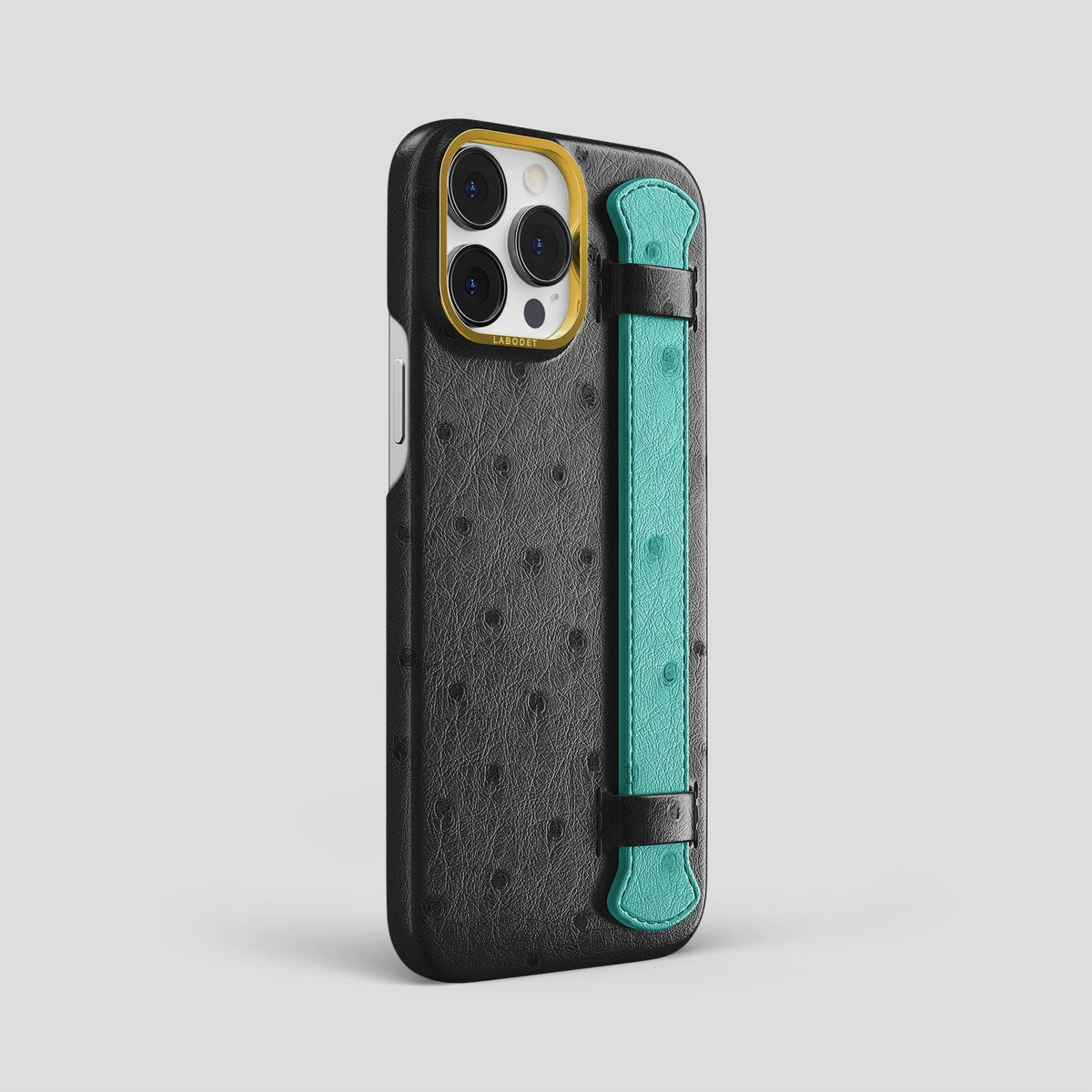 Black-Turquoise iPhone 15 Pro Max Handle Case Colore Ostrich with Gold Metal -2 | Black-Turquoise-Gold