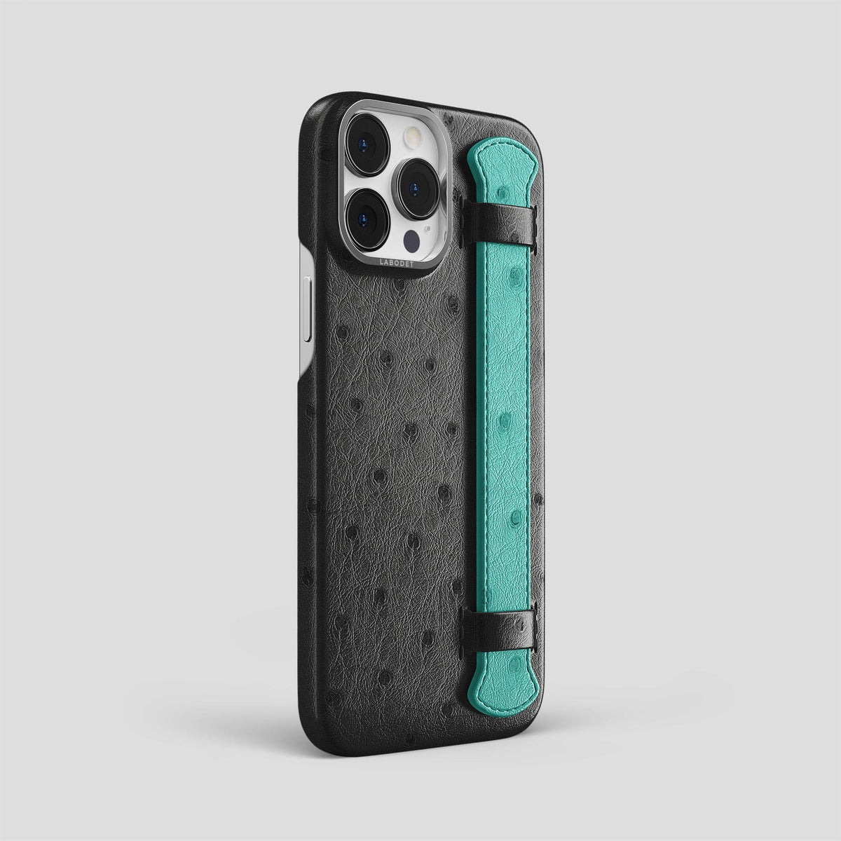 Black-Turquoise iPhone 14 Pro Max Handle Case Colore Ostrich with Steel Metal -2 | Black-Turquoise-Steel