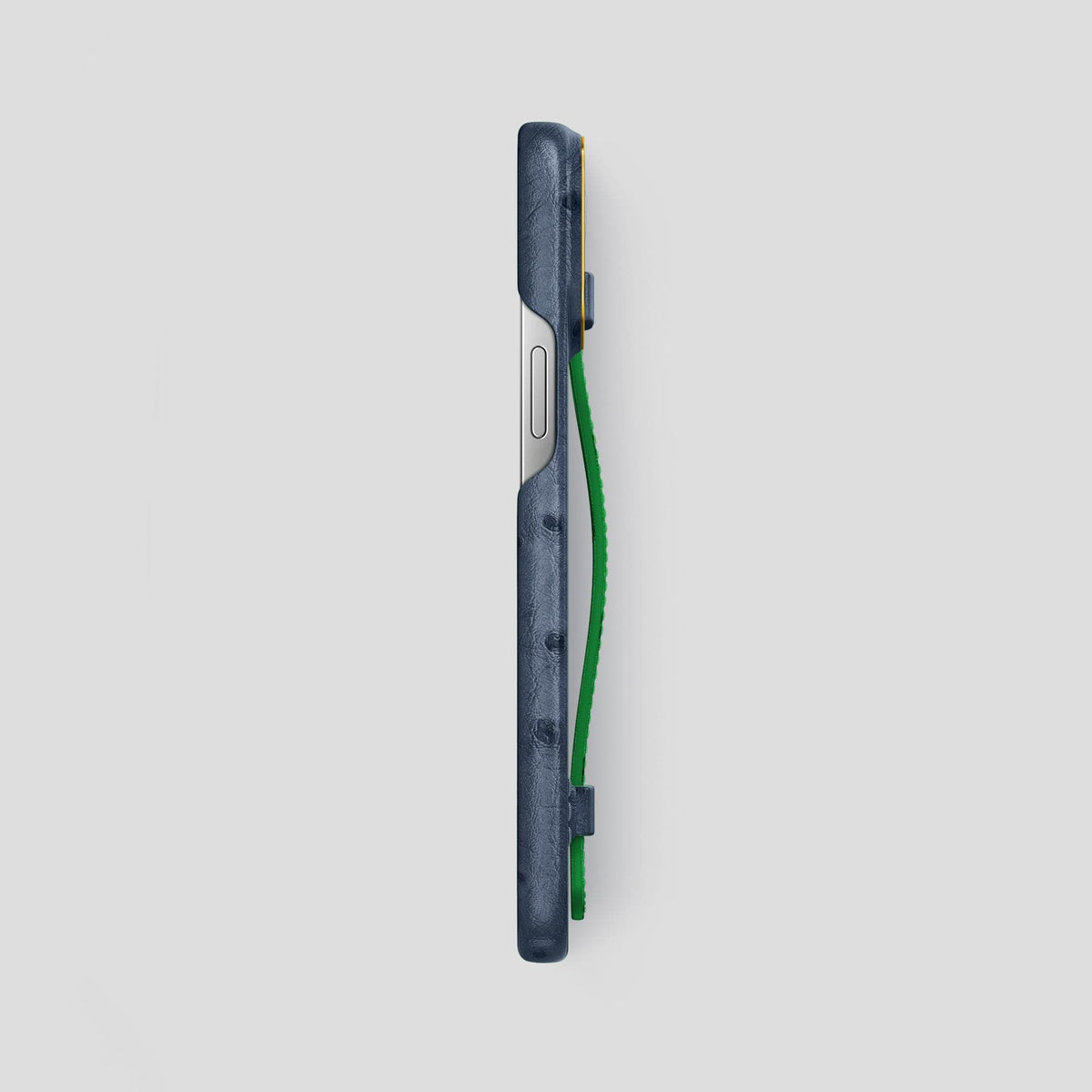 Navy-Blue-Kentucky-Green iPhone 15 Pro Max Handle Case Colore Ostrich with Gold Metal -3 | Navy-Blue-Kentucky-Green-Gold