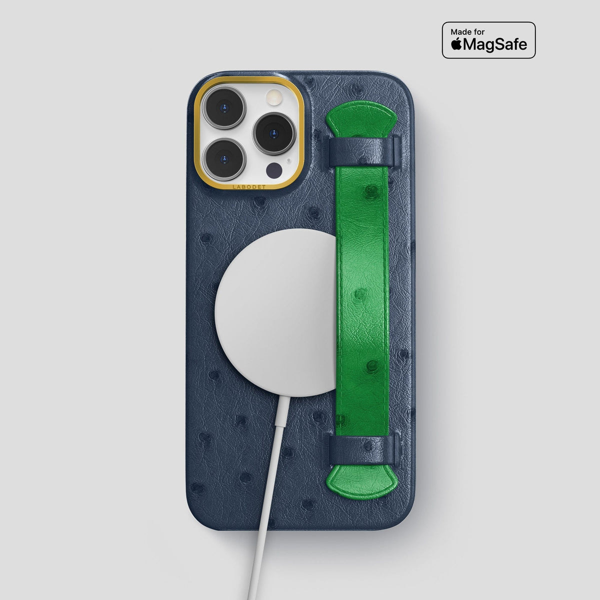 Navy-Blue-Kentucky-Green iPhone 15 Pro Max Handle Case Colore Ostrich with Gold Metal -5 | Navy-Blue-Kentucky-Green-Gold