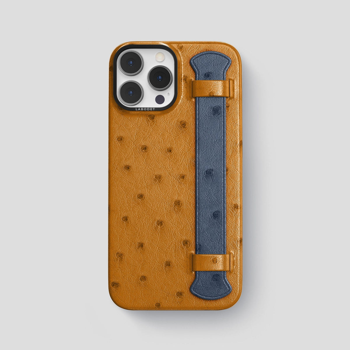 Chestnut-Navy-Blue iPhone 14 Pro Max Handle Case Colore Ostrich with Black Metal -1 | Chestnut-Navy-Blue-Black