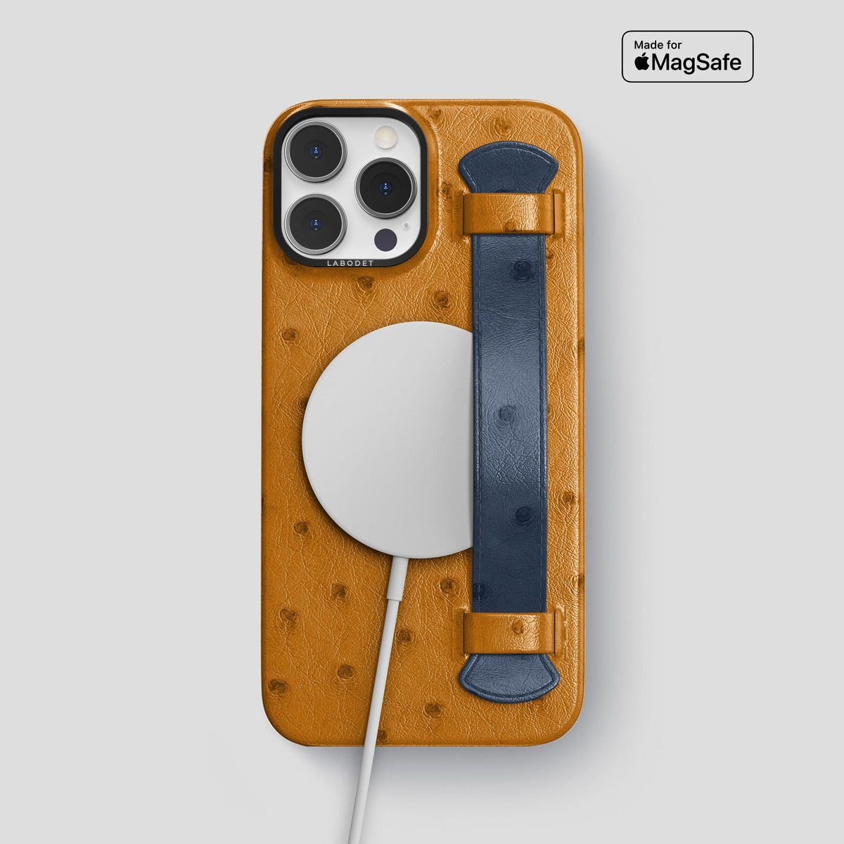Chestnut-Navy-Blue iPhone 14 Pro Max Handle Case Colore Ostrich with Black Metal -1 | Chestnut-Navy-Blue-Black