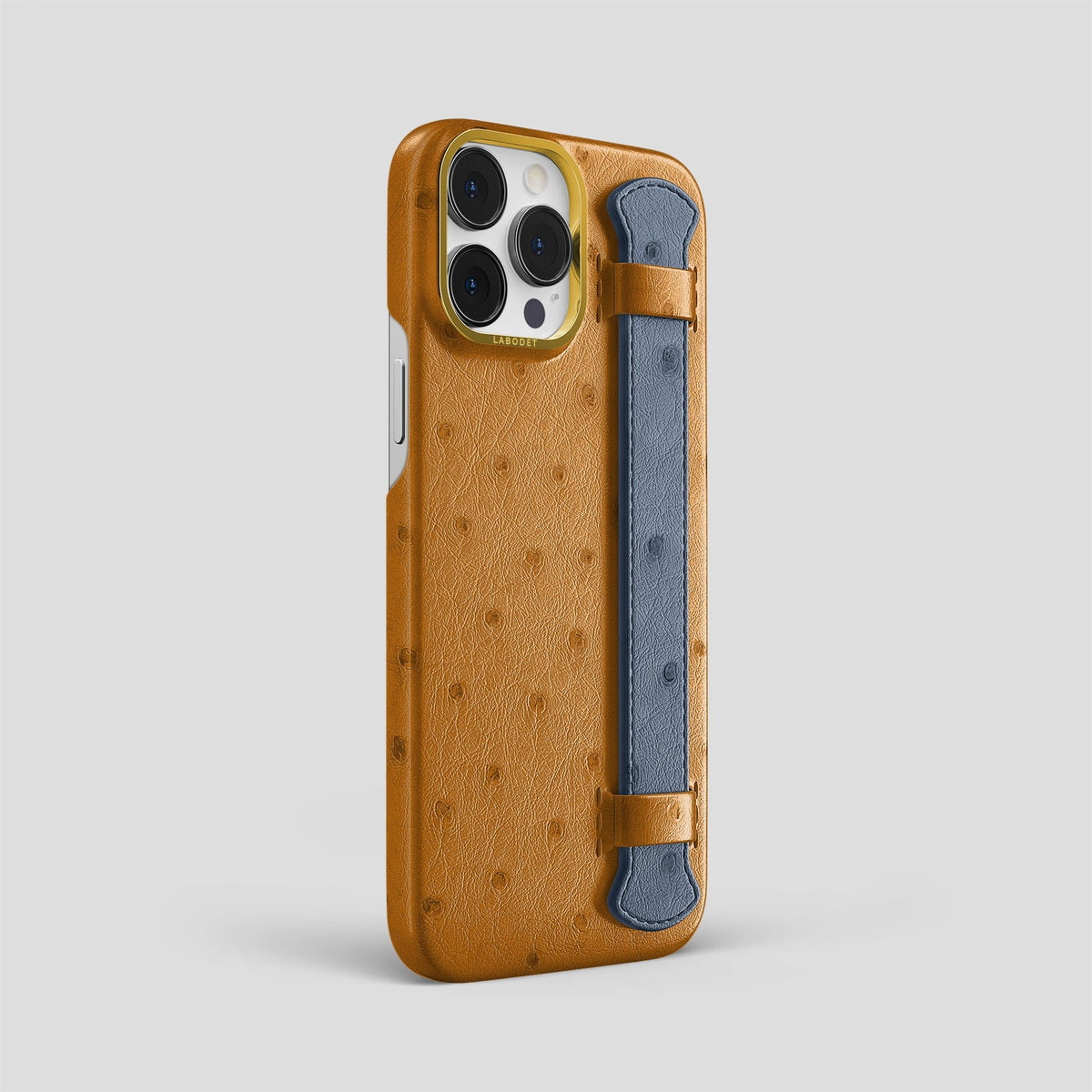 Chestnut-Navy-Blue iPhone 14 Pro Max Handle Case Colore Ostrich with Gold Metal -2 | Chestnut-Navy-Blue-Gold