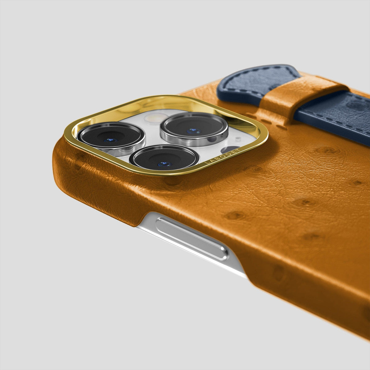 Chestnut-Navy-Blue iPhone 15 Pro Max Handle Case Colore Ostrich with Gold Metal -6 | Chestnut-Navy-Blue-Gold